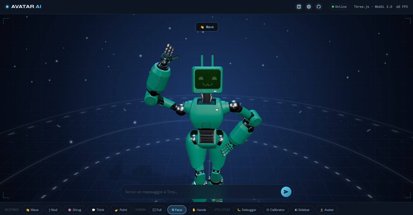 Screenshot di Avatar AI con il robottino verde Tino